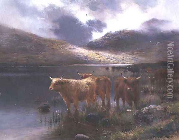 Highland Cattle by a Loch Oil Painting - Louis Bosworth Hurt