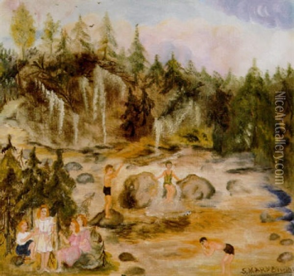 Se Baignant Dans Un Ruisseau Oil Painting - Simone Mary Bouchard