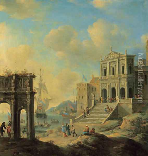 A capriccio of an Italianate harbour capriccio with the Arch of Constantine and a church with figures, shipping beyond Oil Painting - Jan Abrahamsz. Beerstraten