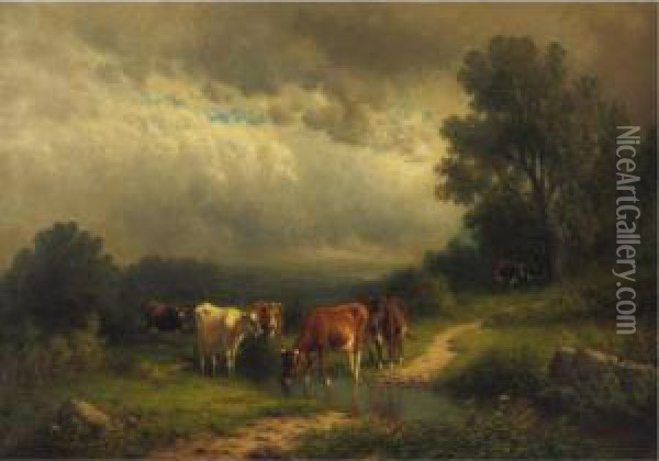 Cows By A Stream Oil Painting - William M. Hart