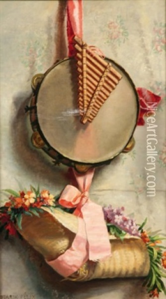 Nature Morte Au Tambourin, Au Chapeau De Paille Et Au Bouquet De Fleurs Oil Painting - Marie Felix Hippolyte-Lucas