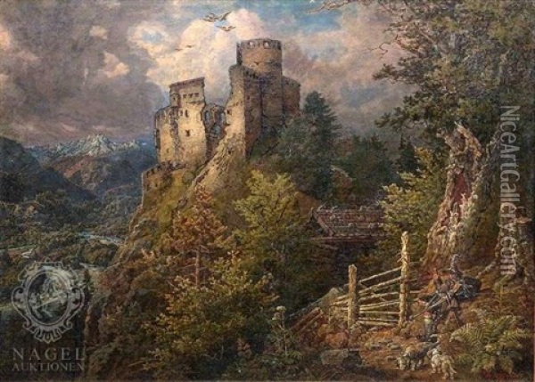 Burgruine In Tyrol Oil Painting - Johann Baptiste Heinefetter