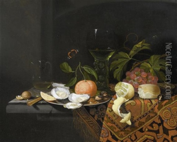 Fruchtestilleben Mit Austern Und Silberplatte Oil Painting - Johannes Borman
