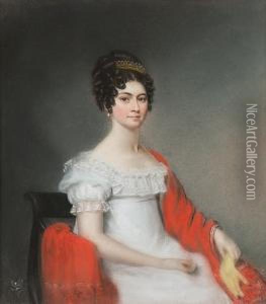 A Young Lady In A White Regency Dress With A Red Shawl; A Seated Lady In A White Regency Dress With A Blue, Red And White Shawl, Two Oil Painting - Ellen Wallace Sharples