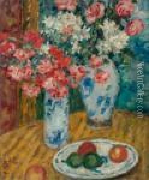 Fruits Et Deux Vases De Fleurs Oil Painting - Georges dEspagnat