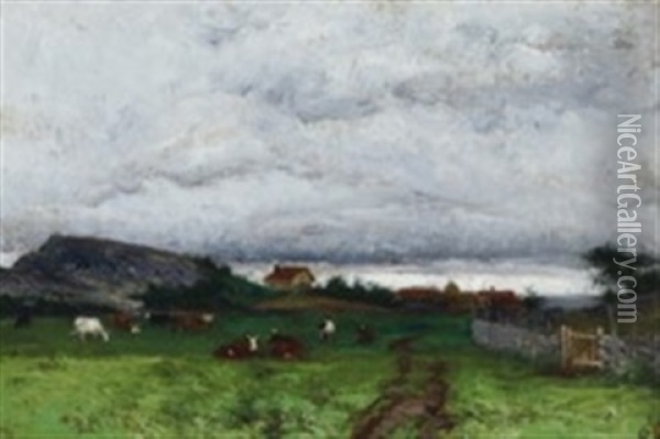 Pasture With Cows Oil Painting - Olof Arborelius