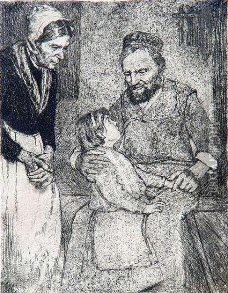 Orlik, Emil: Grandparents With 
Grandchild,1896. Etching. Signed And Dated. - Minimally Brownish. 
Minimallystained. Reverse Remains Of Old Mounting Oil Painting - Emil Orlik