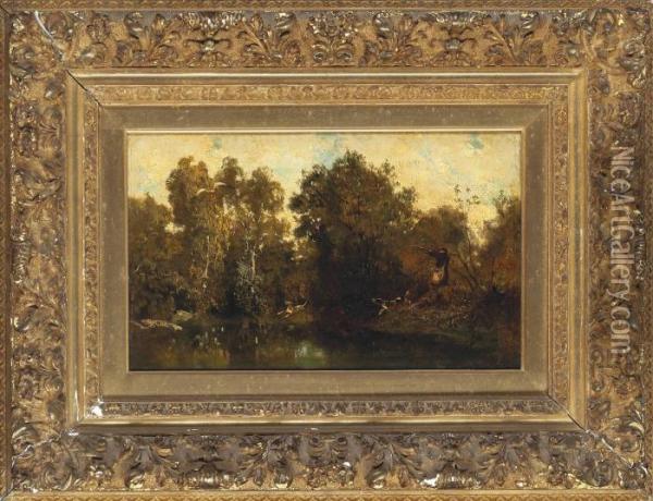 Shooting At A Woodland Pool Oil Painting - Alexandre Gabriel Decamps