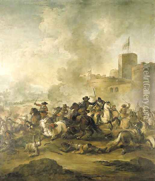 A cavalry battle outside a castle, a town beyond Oil Painting - Francesco Simonini