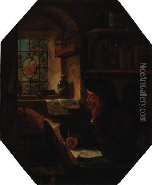 A Scholar Writing At A Table By A Window Oil Painting - Thomas Wyck
