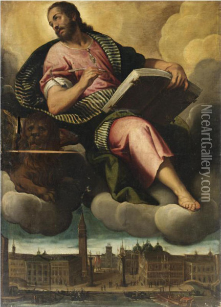 San Marco E Il Leone, Con Una Veduta Della Piazzetta E La Torredell'orologio Oil Painting - Carletto Carliari