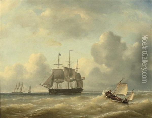 A Three-master At Sea Oil Painting - Ary Pleyssier