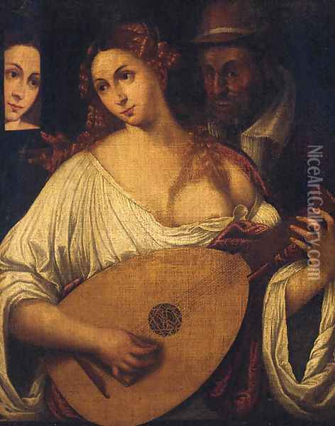 A woman playing the lute by an old man Oil Painting - Tiziano Vecellio (Titian)