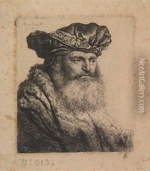 Bearded Man In A Velvet Cap With A Jewel Clasp Oil Painting - Rembrandt Van Rijn