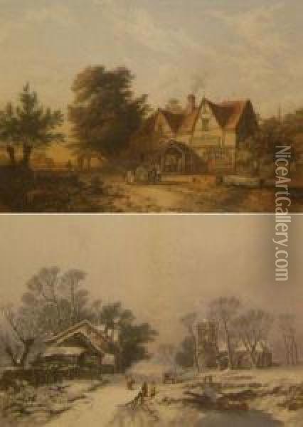 Winter And Summer Landscapes With Cottages Oil Painting - George Baxter