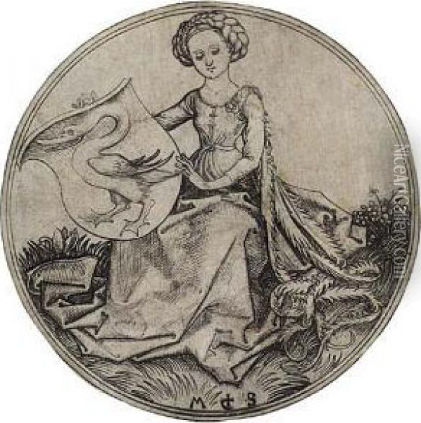 Shield With A Swan, Held By A Woman Oil Painting - Martin Schongauer