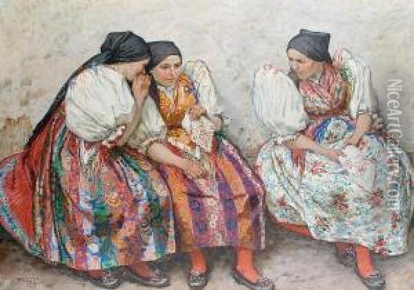 Three Girls In Traditional Dress Oil Painting - Vaclav Maly