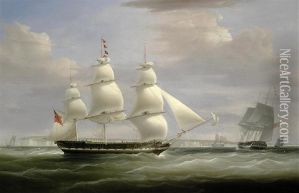 The Hon. East India Company Ship Inglis In Two Positions Off Dover Oil Painting - William John Huggins