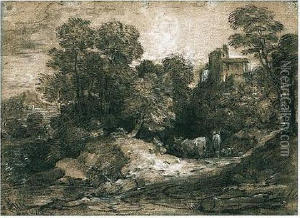 Wooded Landscape With Herdsman And Cattle, A Building Beyond To The Right Oil Painting - Thomas Gainsborough