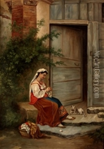 Mujer Cosiendo Oil Painting - Ricardo Maria Navarrete y Fos