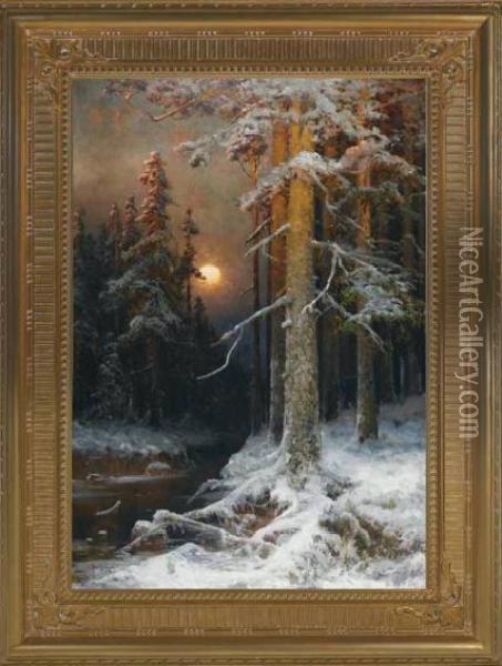 A Moonlit Forest, Winter Oil Painting - Iulii Iul'evich (Julius) Klever