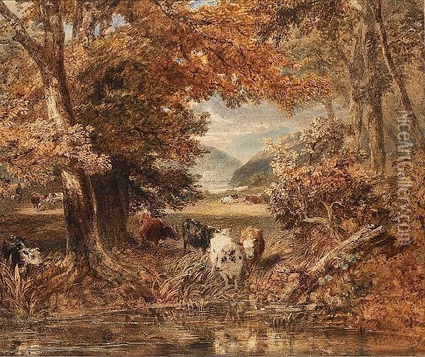 Cattle Watering From A Stream Oil Painting - Thales Fielding