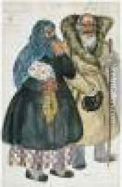 Costume Design For An Old Peasant Couple: Agafon And Stepanida Oil Painting - Boris Kustodiev