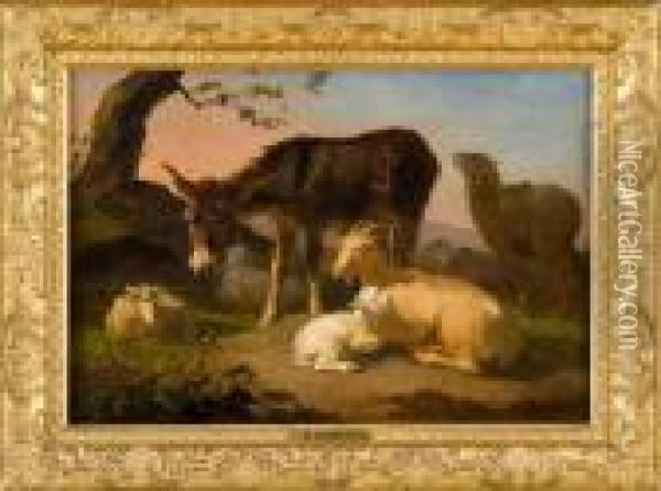 Paesaggio Con Asinello E Armenti In Riposo Oil Painting - Louis Marie Dominique Romain Robbe