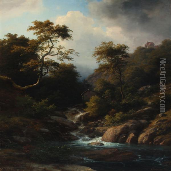 Landscape With Rushing River Oil Painting - Georg Emil Libert