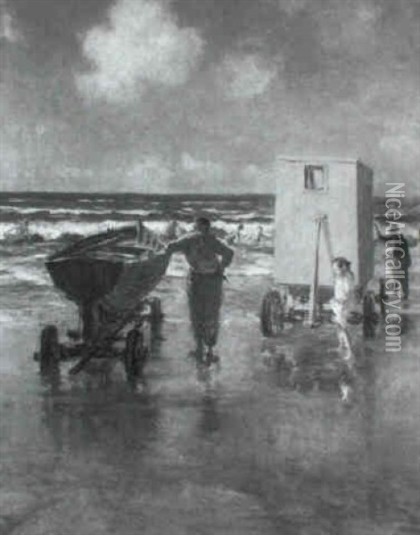 At The Beach Oil Painting - Johan Antonie de Jonge