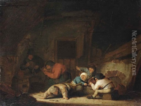 A Peasant Family Making Merry In A Barn Oil Painting - Adriaen Jansz van Ostade