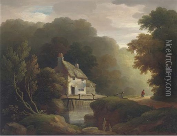 Near Exeter (+ Figure By A Cottage In A Woodland Landscape; Pair) Oil Painting - John Wallace Tucker