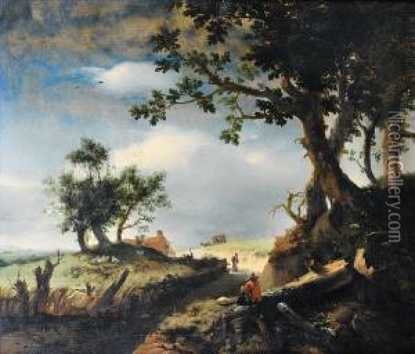 A Traveller And His Dog Resting Beside Acountry Path Oil Painting - Jan Wouwerman