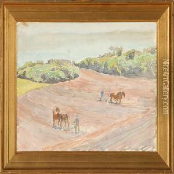 Field Landscape With Twofarmers Oil Painting - Peter Marius Hansen