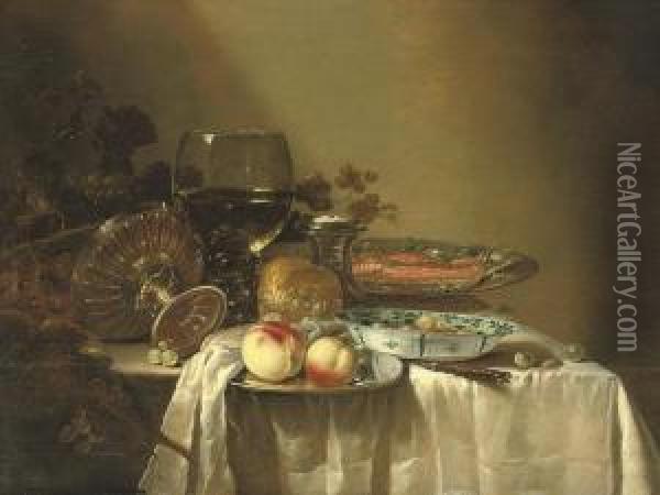 A 'roemer' With White Wine, A Silver 'tazza', A Plate With Peaches, A Chinese Porcelain Bowl With Olives And A Plate With Salmon, All On A Stone Ledge Oil Painting - Adriaen Jansz. Ocker