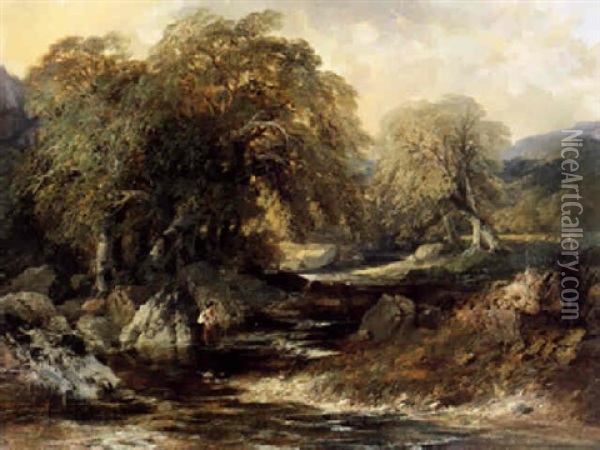 Flusslandschaft Mit Fischer Oil Painting - Edmund John Niemann
