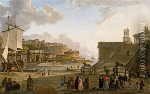 A Harbour Scene With A Capriccio Oil Painting - Jean Jacques Francois Taurel