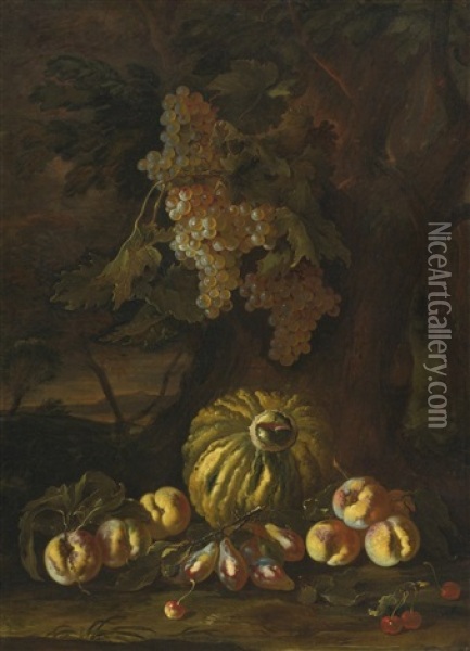Still Life With Melon, Apples, Figs And Grapes Oil Painting - Giovanni Paolo Castelli (lo Spadino)