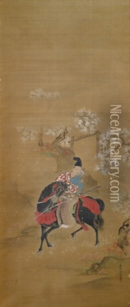 Malerei Eines Samurai Hoch Zu Ross Vor Einem Gartentor Mit Bluhenden Kirschbaumen Und Azaleen Oil Painting - Toshun Yoshinobu II Kano