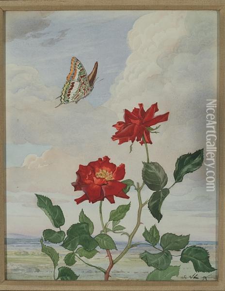 Red Roses And A Butterfly Oil Painting - Andrey Avinoff