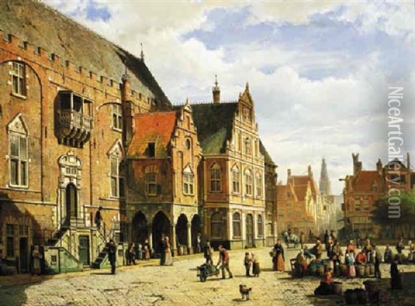 A Summer's Day With Vegetable Market By The Town Hall Of Haarlem Oil Painting - Willem Koekkoek