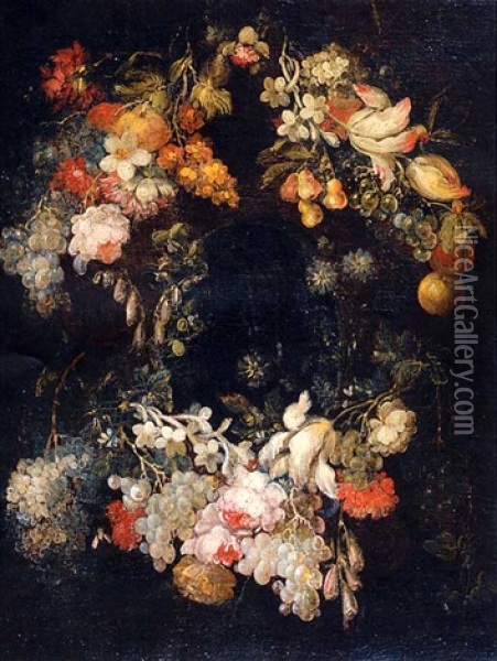A Swag Of Flowers And Fruit On A Stone Cartouche Oil Painting - Bartolommeo Bimbi