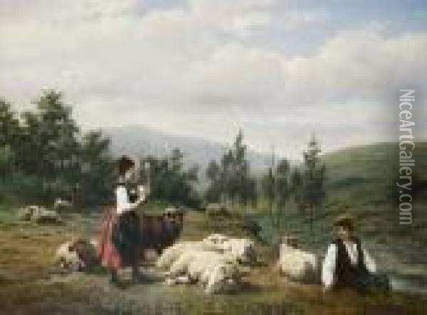 Pastoral Scene With Shepherds Oil Painting - Jan Frederik Pieter Portielje