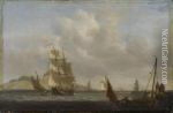Fishing Vessels And A Two Masted Schooner Off The Poolbeglighthouse Oil Painting - Nicholas Pocock