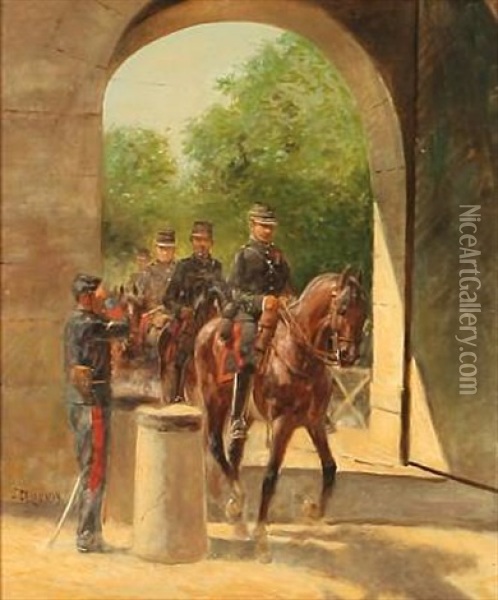 Horse Artillery Passing A French Soldier Oil Painting - Jules Delaunay