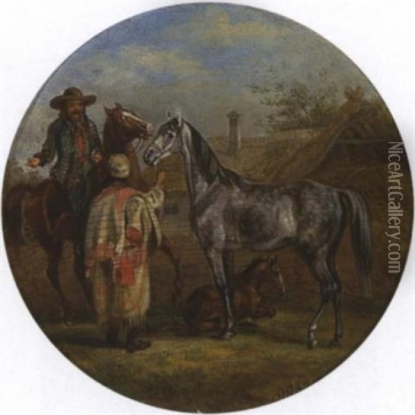 Ungarischer Reiter Mit Pferdehandler Vor Einem Bauernhaus Oil Painting - Albrecht Adam
