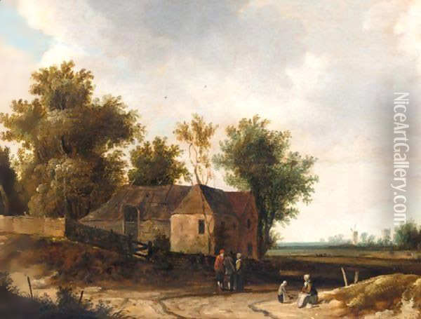 A Landscape With Figures Resting Before A Barn Oil Painting - Roelof Jansz. Van Vries