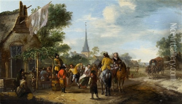 Peasant Feast By A Tavern Oil Painting - Pieter Wouwerman