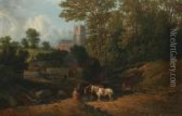 Timber Yard In A Woodland Clearing, With Horses And Figures, A Church Visible Beyond Oil Painting - Edmund John Niemann, Snr.