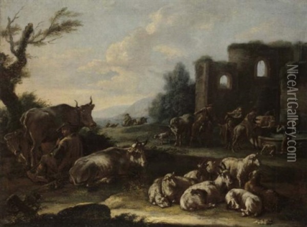 Landschaft Mit Hirten, Vieh Am Brunnen Und Ruinen Oil Painting - Domenico Brandi